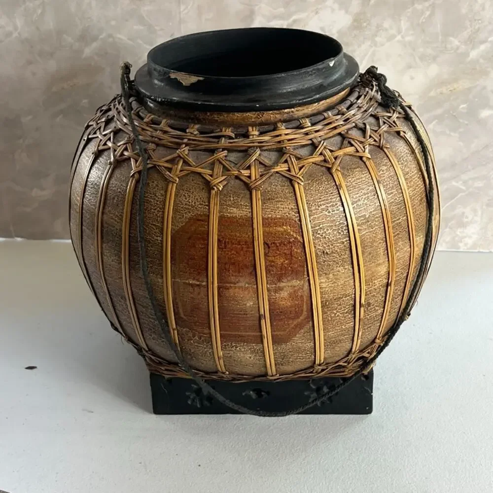 Round Oriental Asian Rice Jar Bamboo Hand Painted